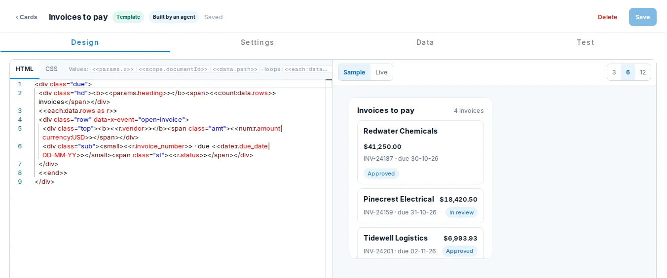The Card Builder for a custom card called Invoices to pay: the HTML template with value tokens on the left, and a live preview of the card listing suppliers, amounts, due dates and status chips on the right, with Sample and Live switches.