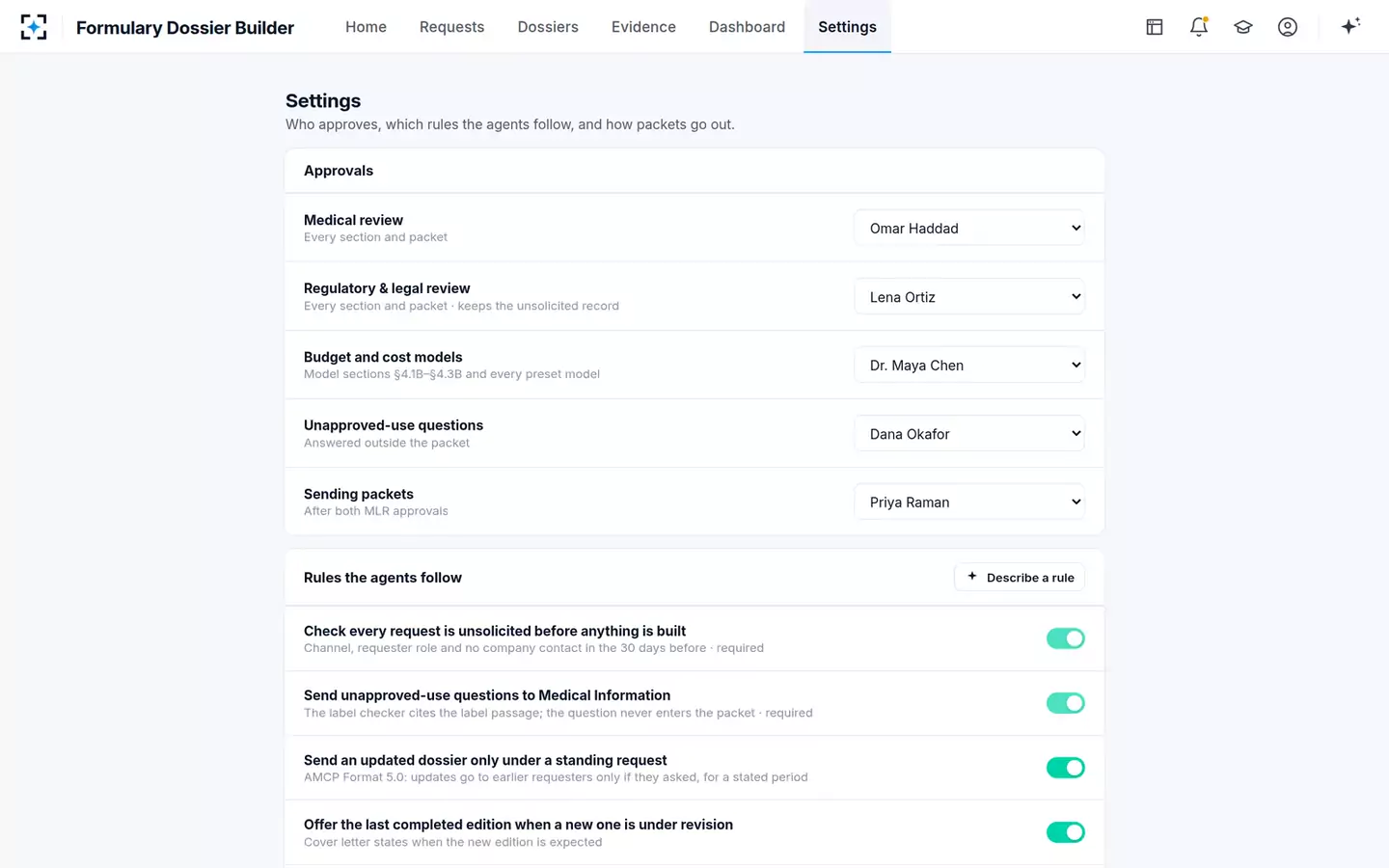 AMCP Formulary Dossier Builder — Your team’s rules