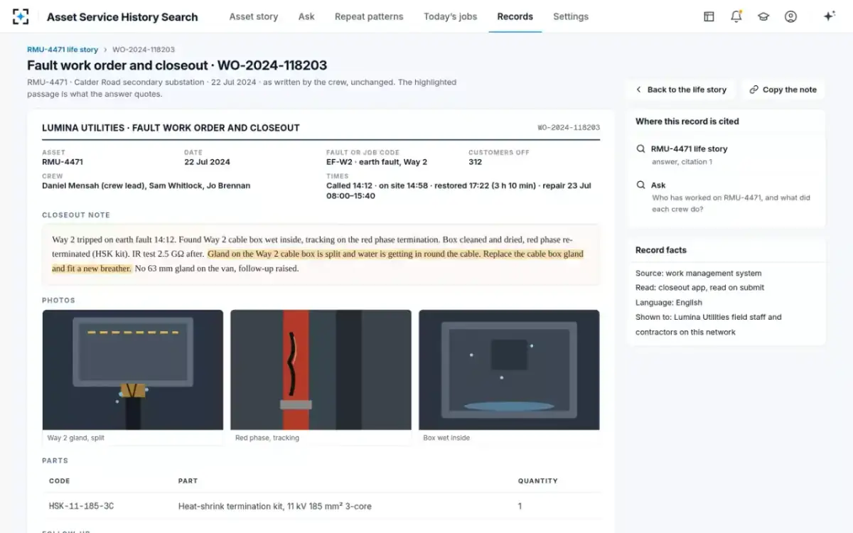 Asset Service History Search — The record, as written