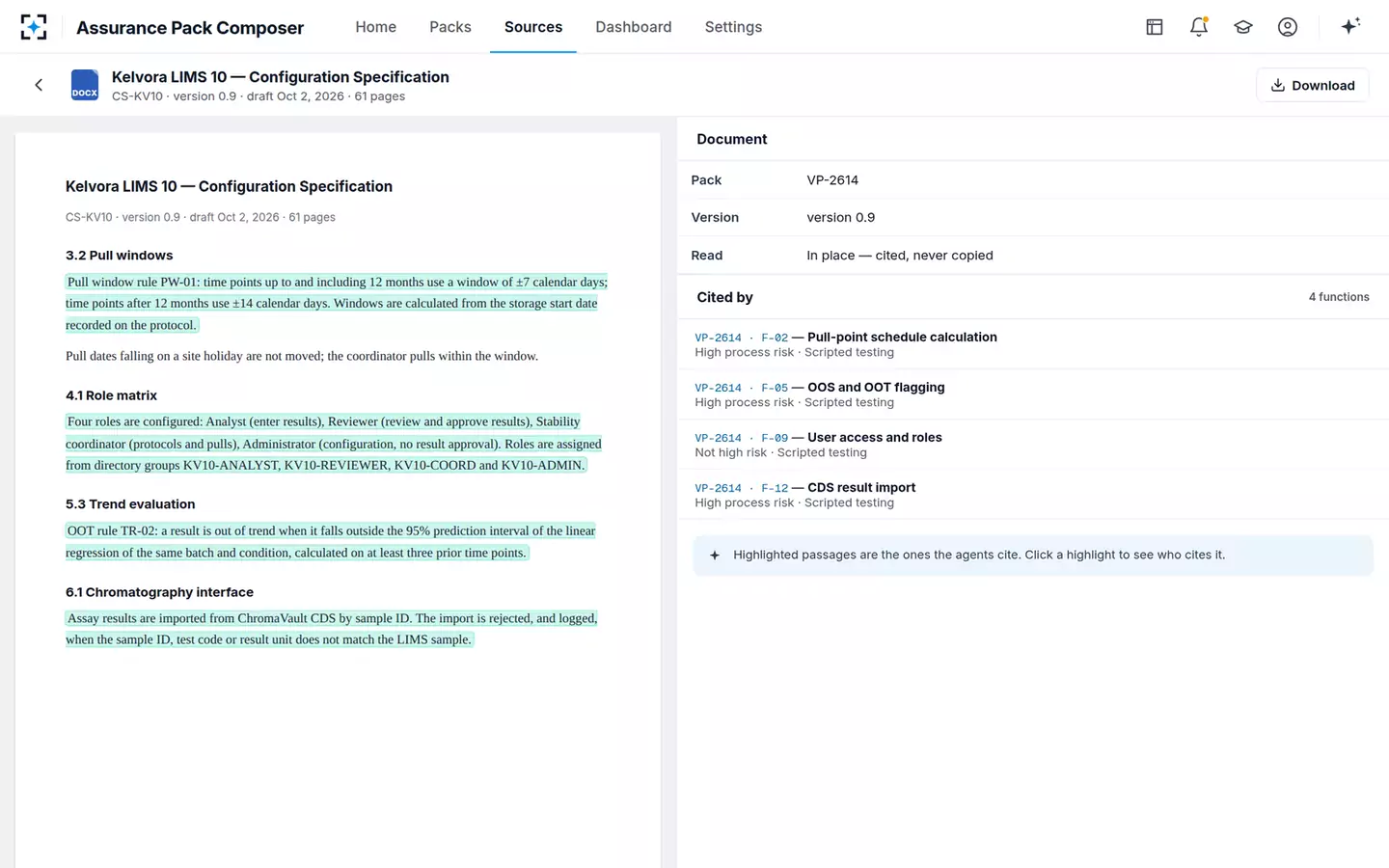 Assurance Pack Composer — Sources, read in place