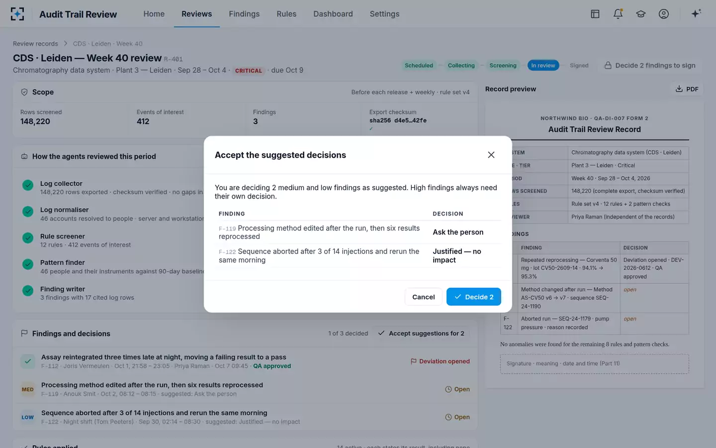Audit Trail Review Agent — Suggested decisions