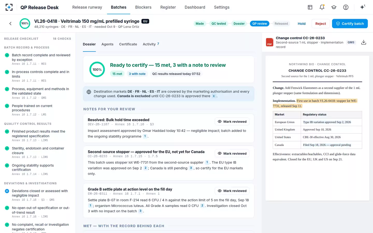 Batch Disposition Dossier & QP Release Desk — Ready to certify