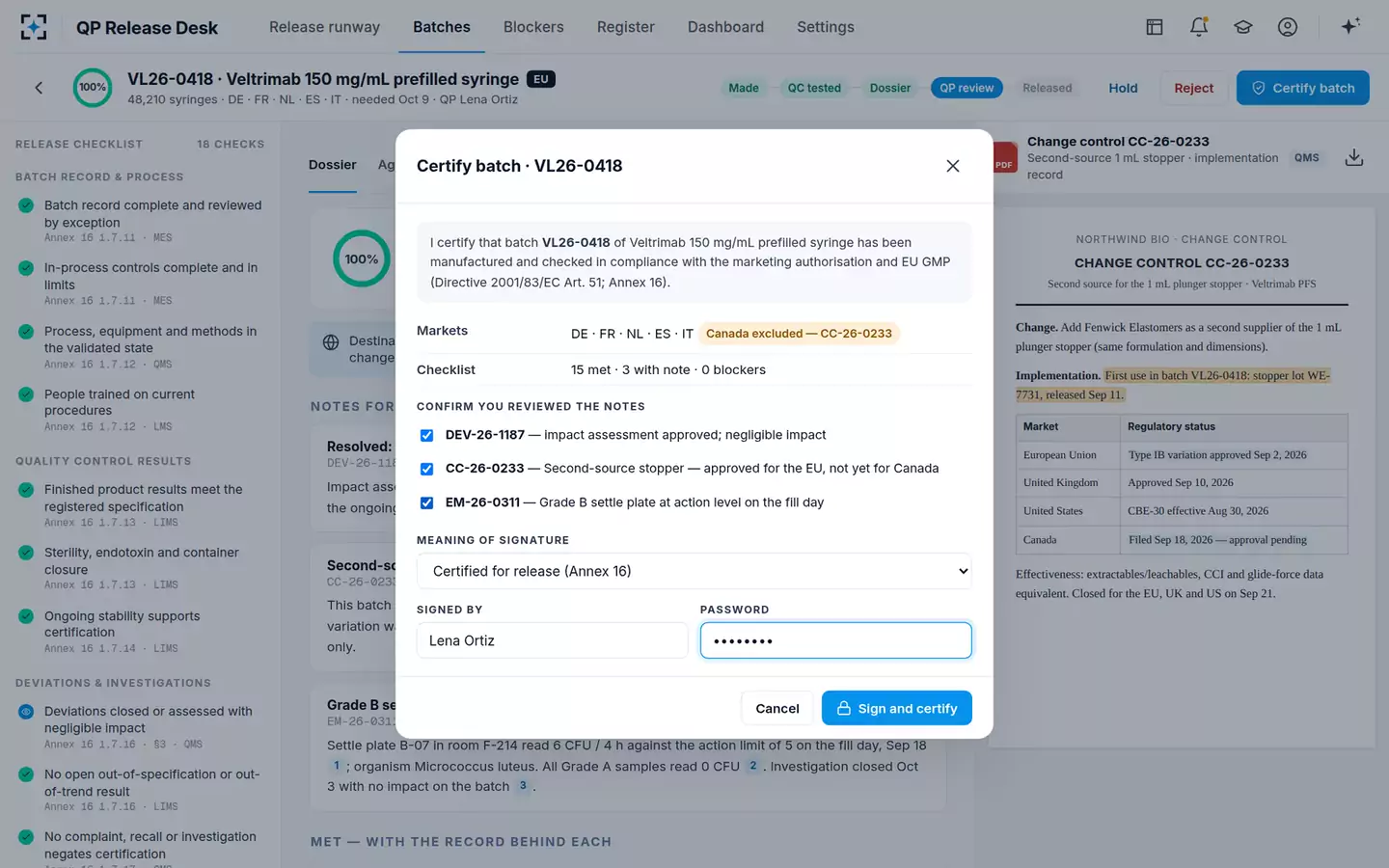 Batch Disposition Dossier & QP Release Desk — QP e-signature