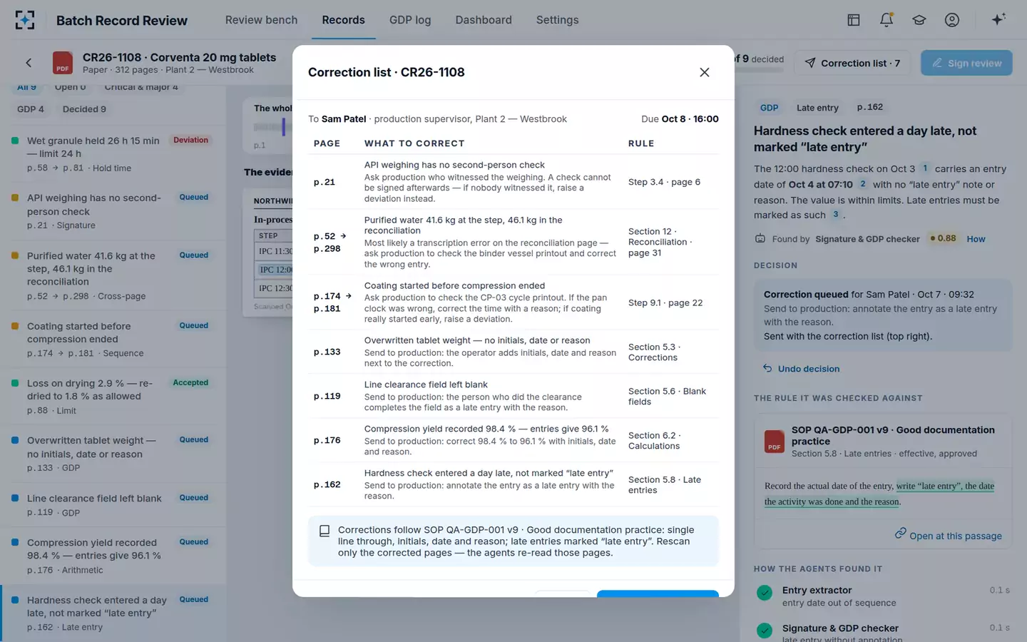 Batch Record Review by Exception — Correction list