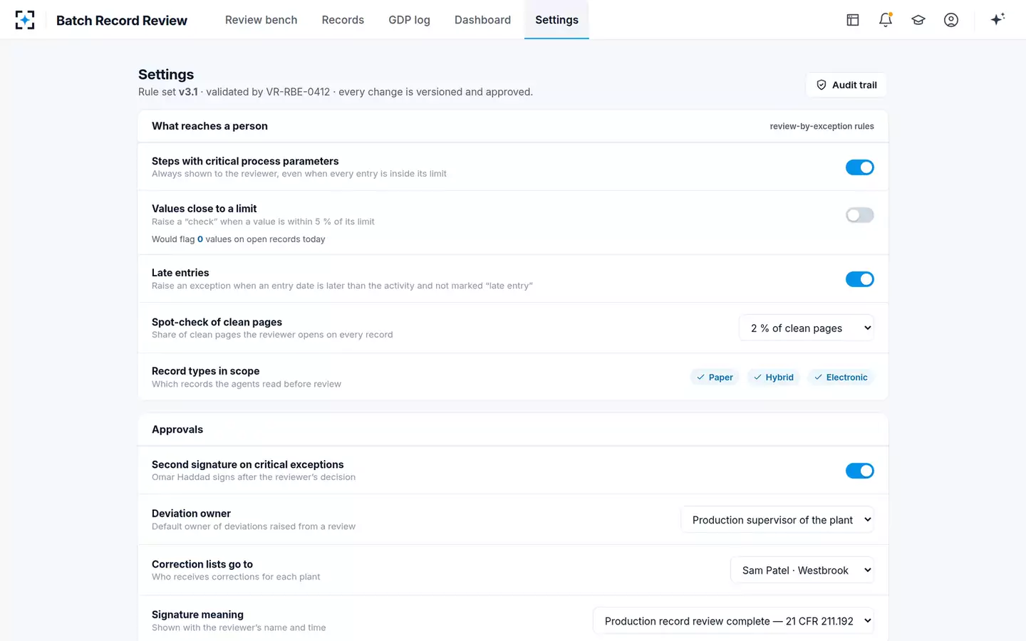 Batch Record Review by Exception — Review rules