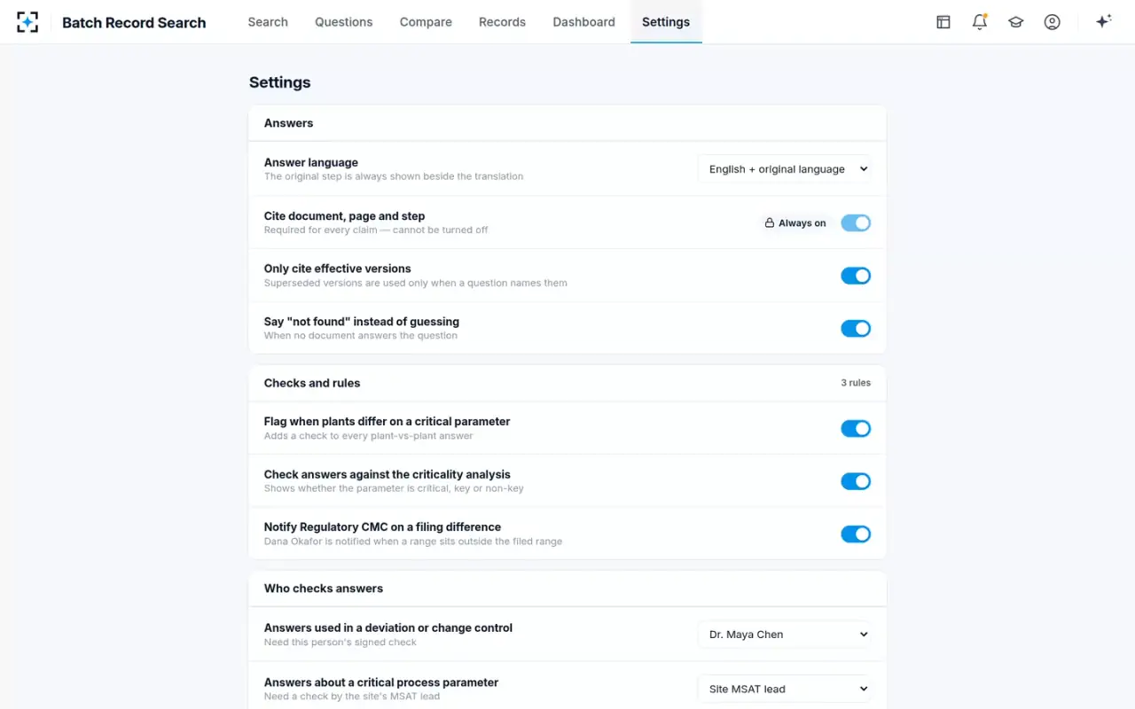 Batch Record Search — Settings