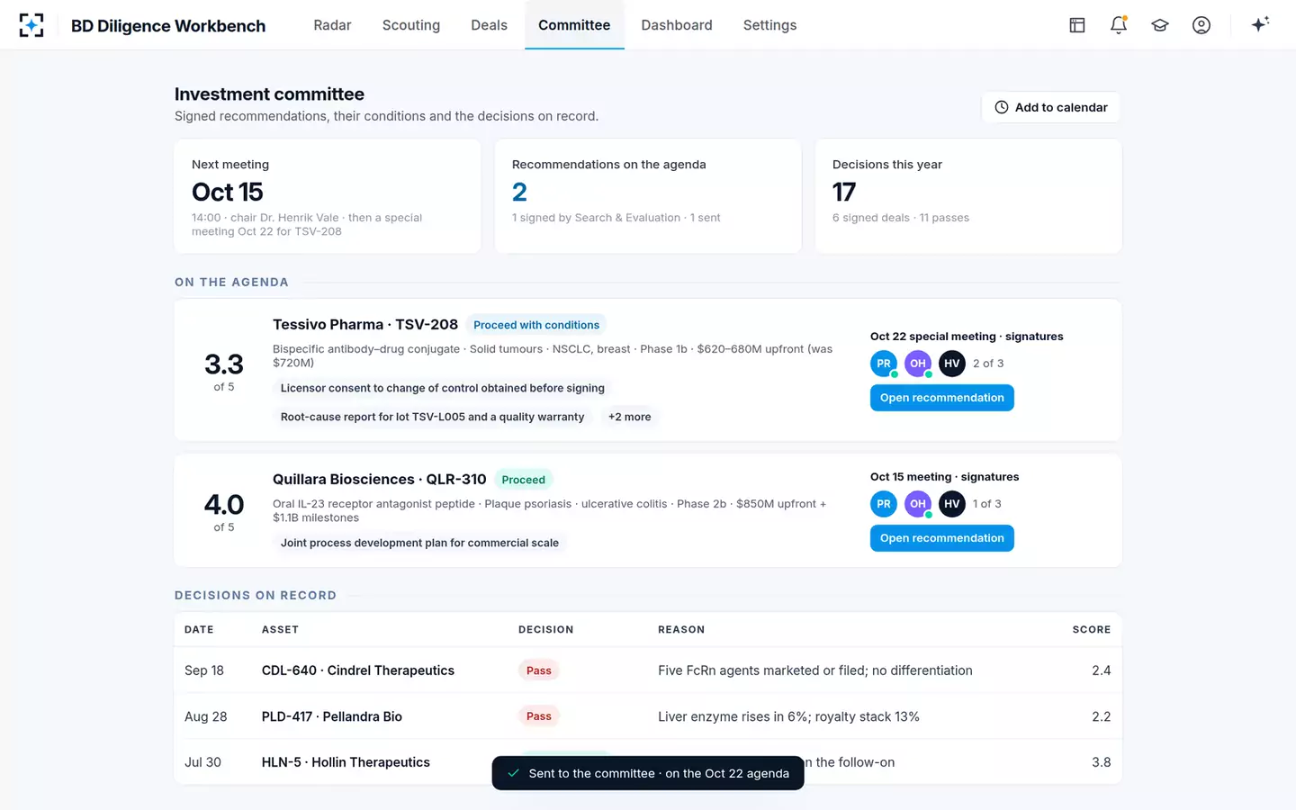 BD Search and Evaluation Diligence Workbench — Investment committee