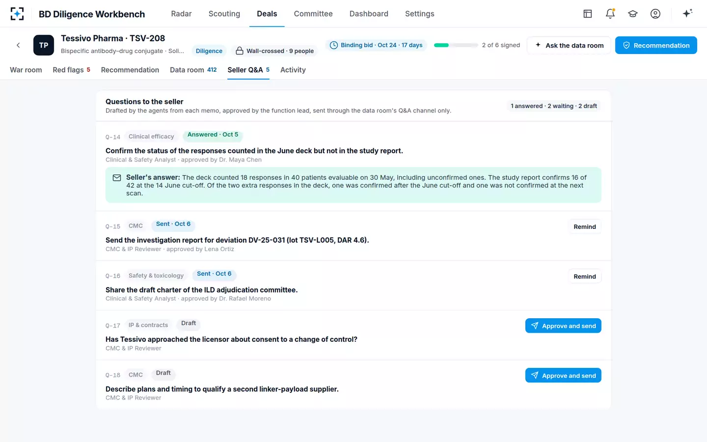BD Search and Evaluation Diligence Workbench — Questions to the seller