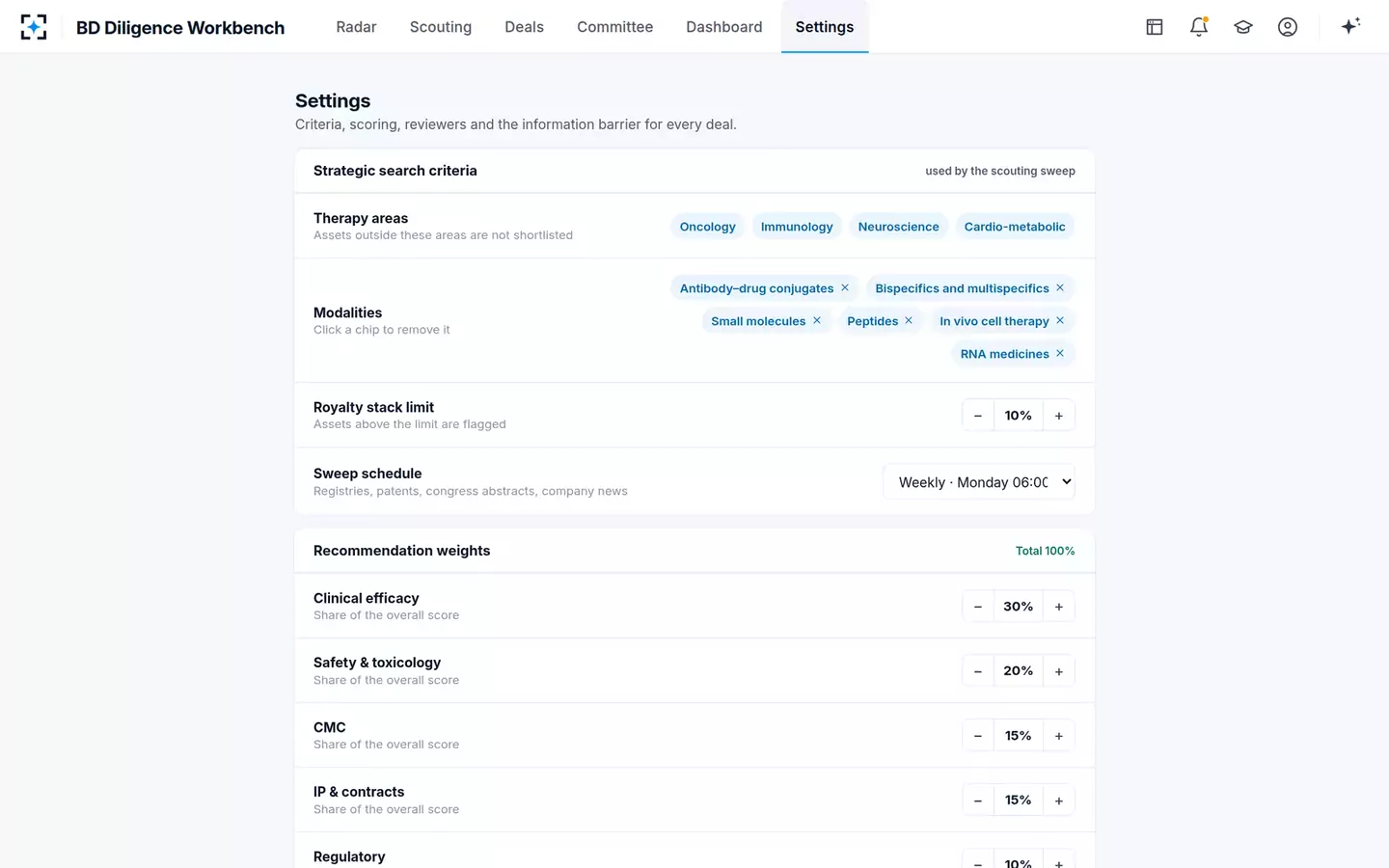 BD Search and Evaluation Diligence Workbench — Your criteria and weights
