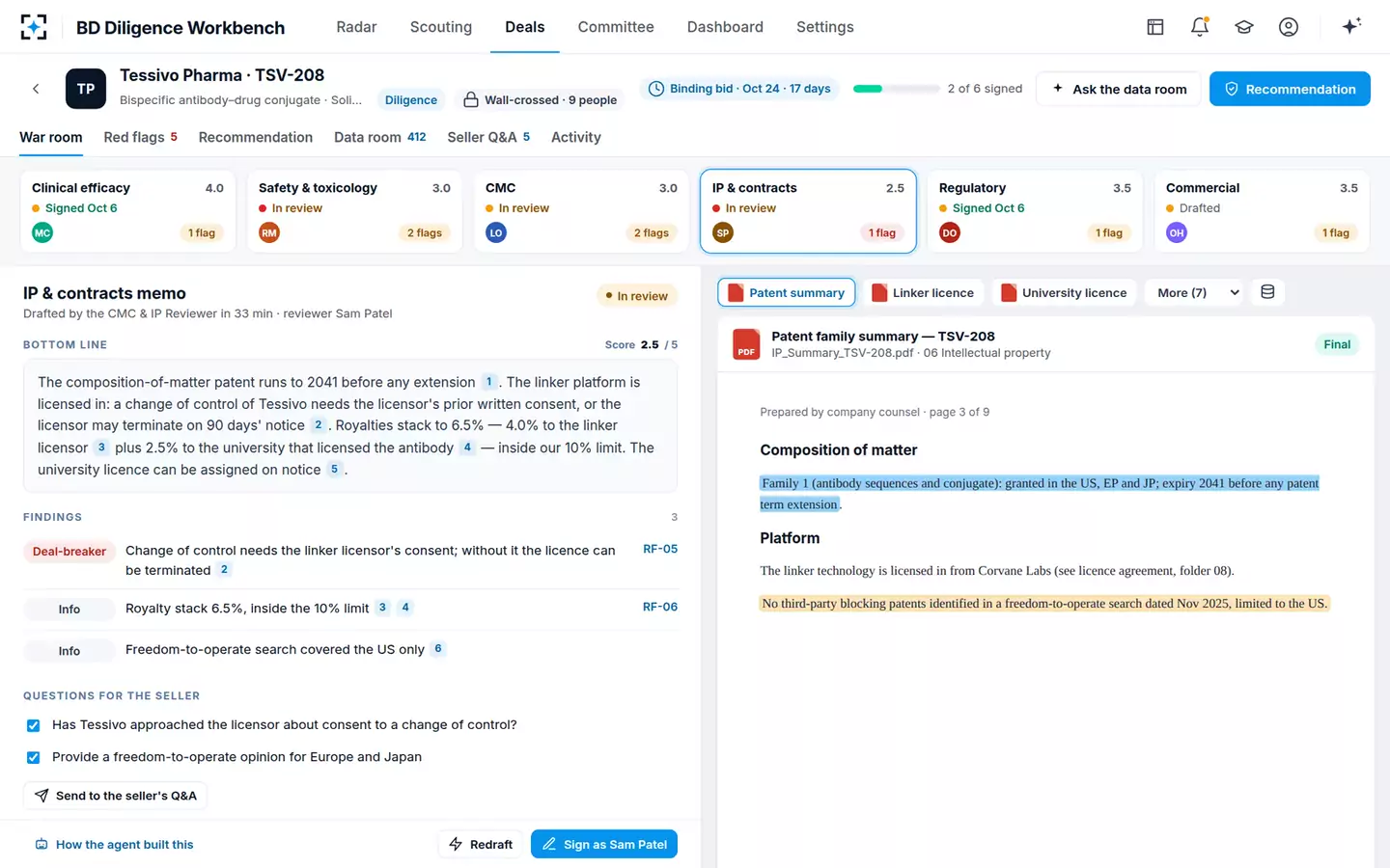 BD Search and Evaluation Diligence Workbench — IP & contracts memo