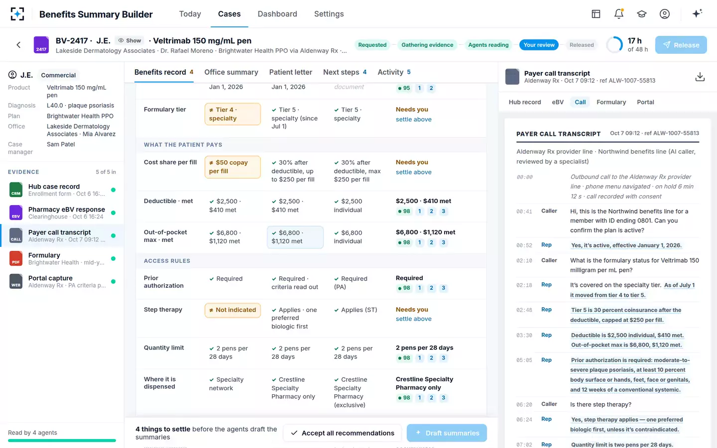 Benefits Investigation Summary Builder — Three sources side by side