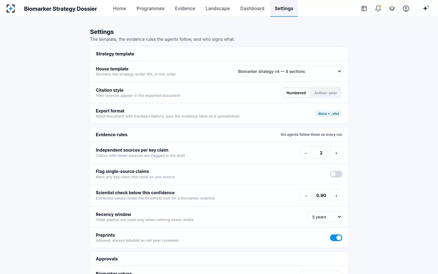 Biomarker Strategy Dossier — Settings