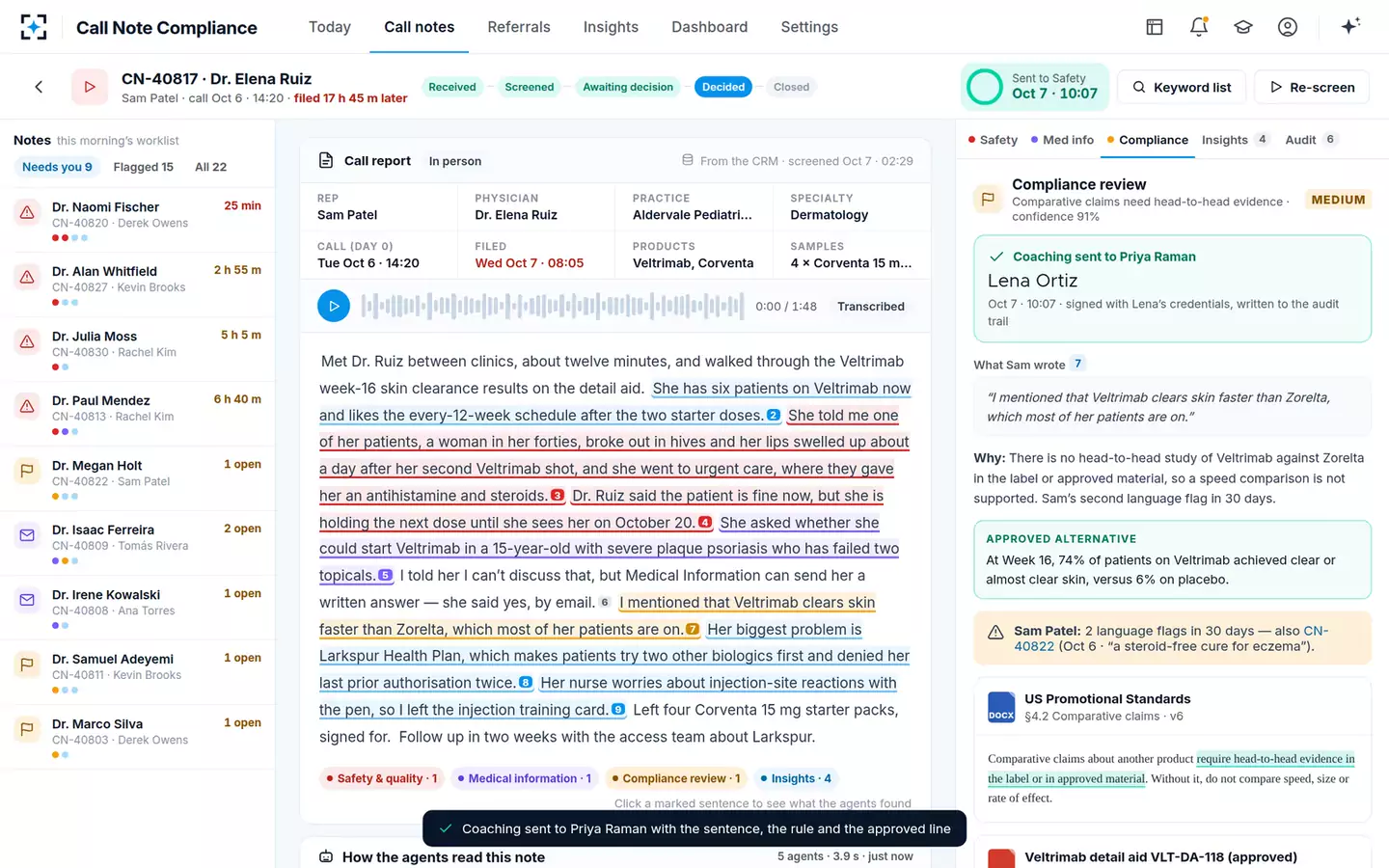 Call Note Compliance & Insight Capture — Compliance review