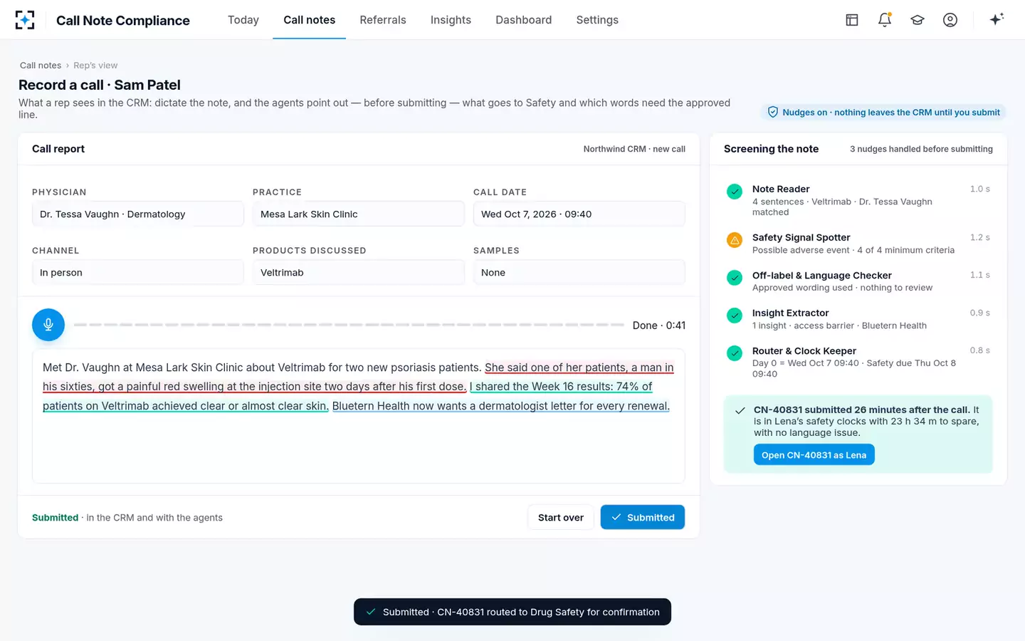 Call Note Compliance & Insight Capture — Submitted and routed