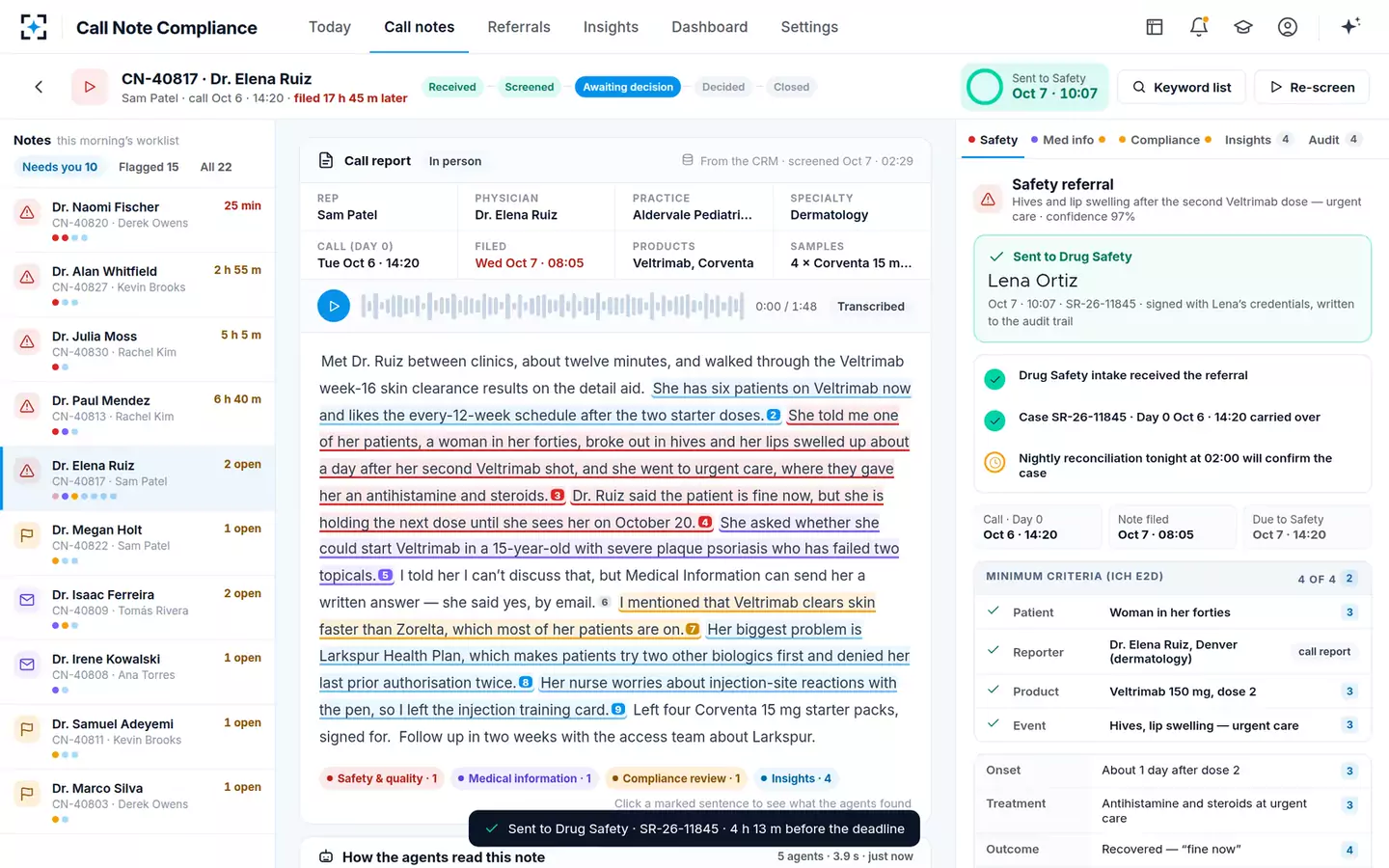 Call Note Compliance & Insight Capture — Sent to Drug Safety