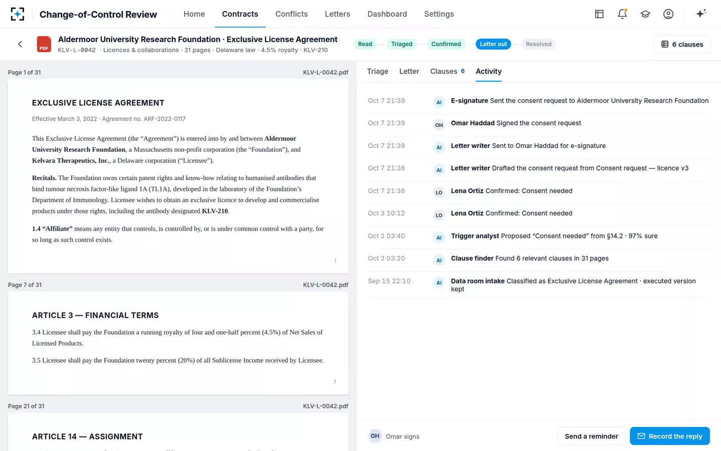 Acquisition Contract Change-of-Control Review — The activity trail