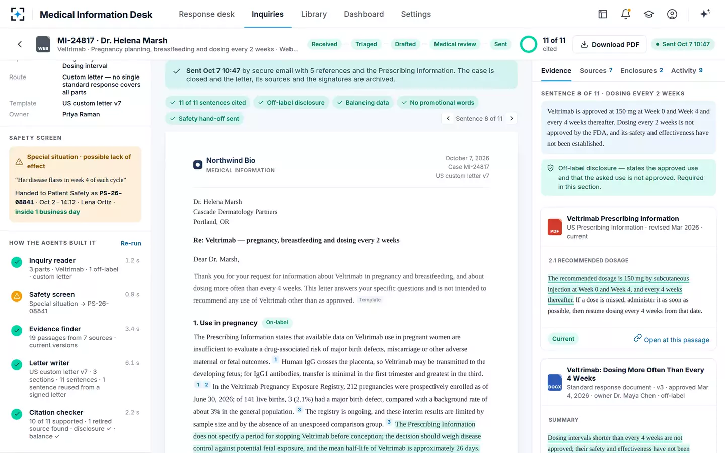 Cited Medical Information Response Agent — Sent and archived