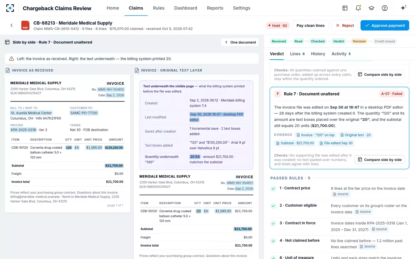 Chargeback Claims Review — Side by side: an edited invoice
