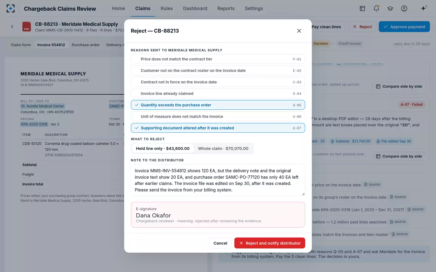 Chargeback Claims Review — Reject with reasons