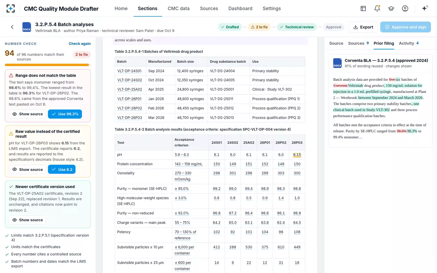 CMC Quality Module Drafter — Prior filing compare