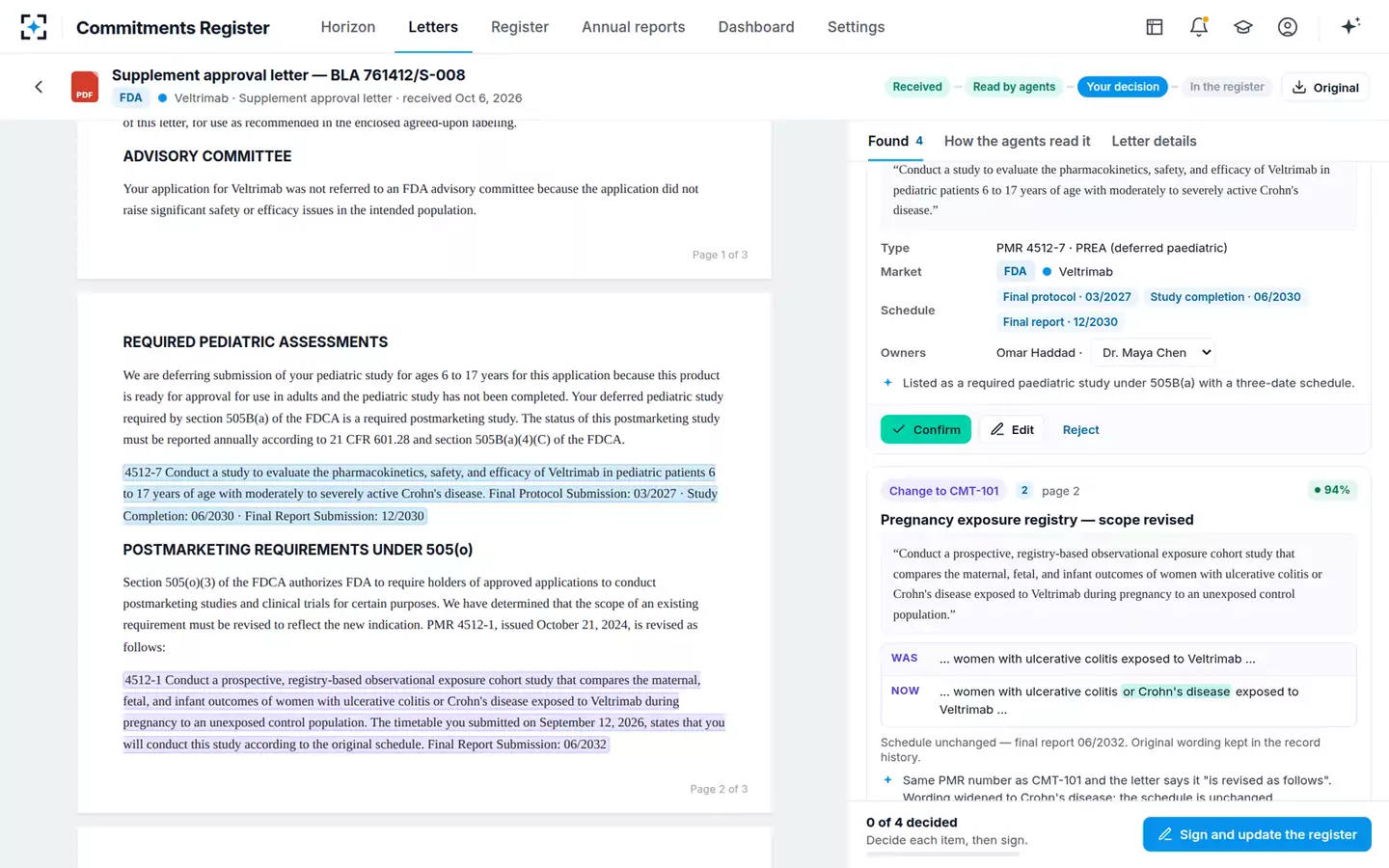 Commitments & Obligations Register — A change to an existing record