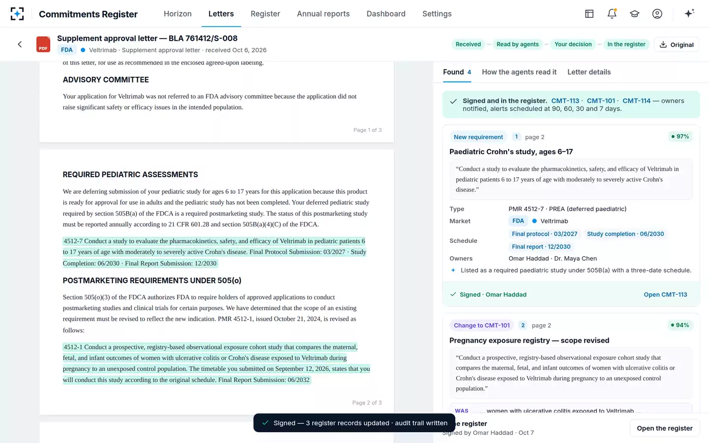 Commitments & Obligations Register — Signed and in the register