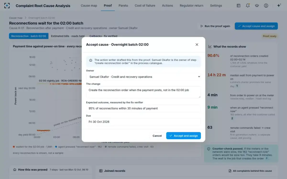 Complaint Root Cause Analysis — Accept a cause and assign it