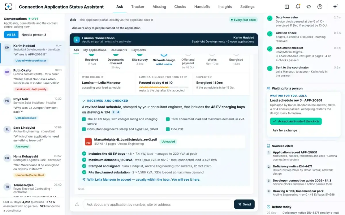 Connection Application Status Assistant — Upload inside the answer