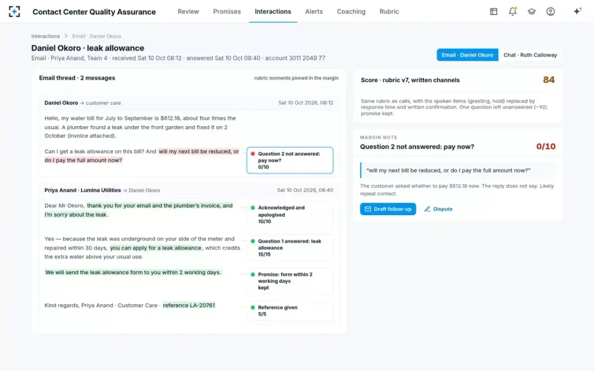 Contact Center Quality Assurance — Email scored in the margin