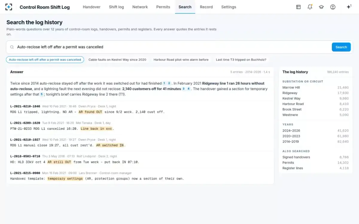 Control Room Shift Log — Search the log history
