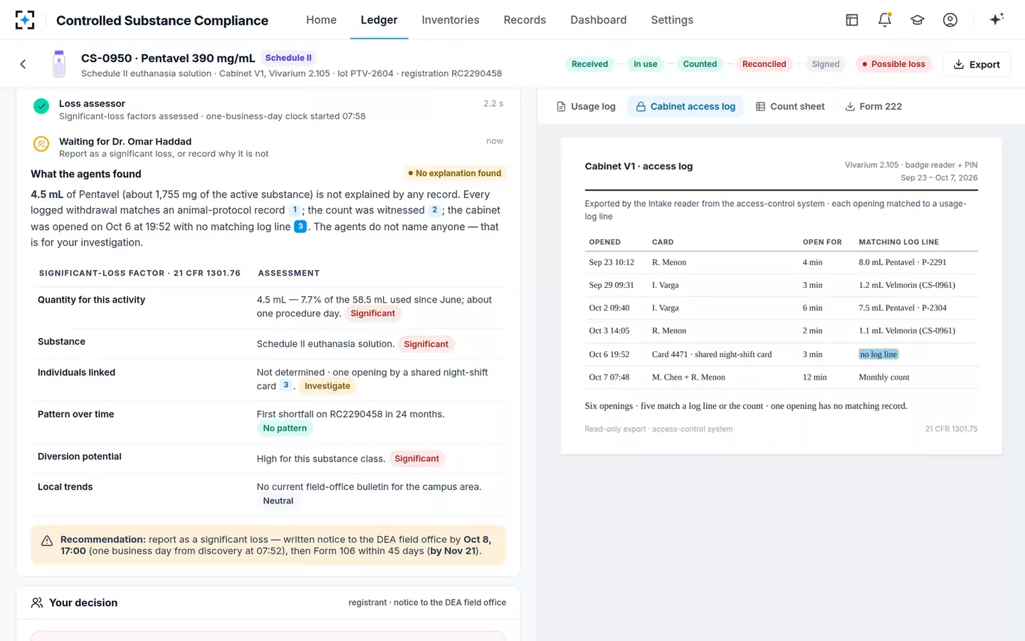 Controlled-Substance Research Compliance Agent — Cabinet access log