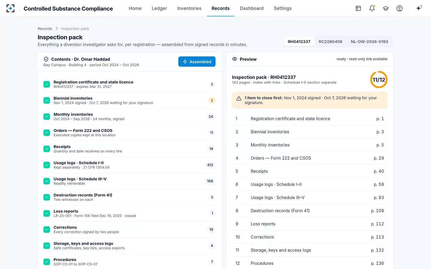 Controlled-Substance Research Compliance Agent — Inspection pack