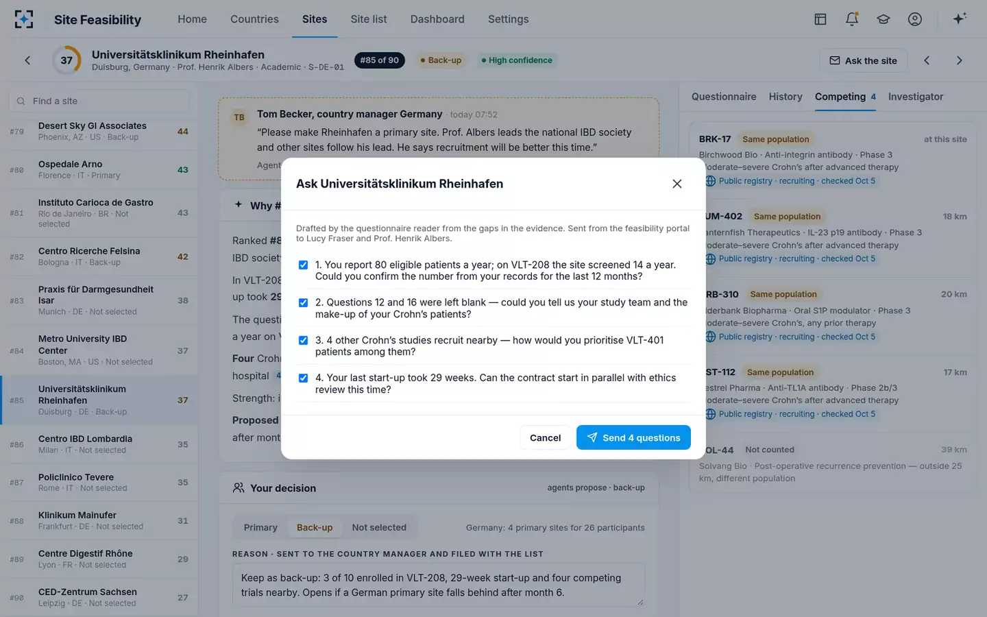 Country & Site Feasibility Analyst — Follow-up questions