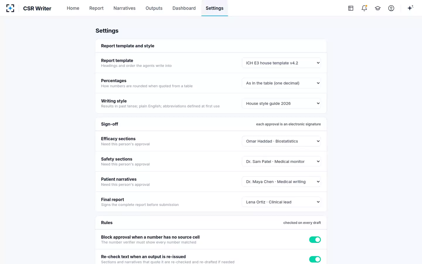 Clinical Study Report Writer — Your template and sign-off