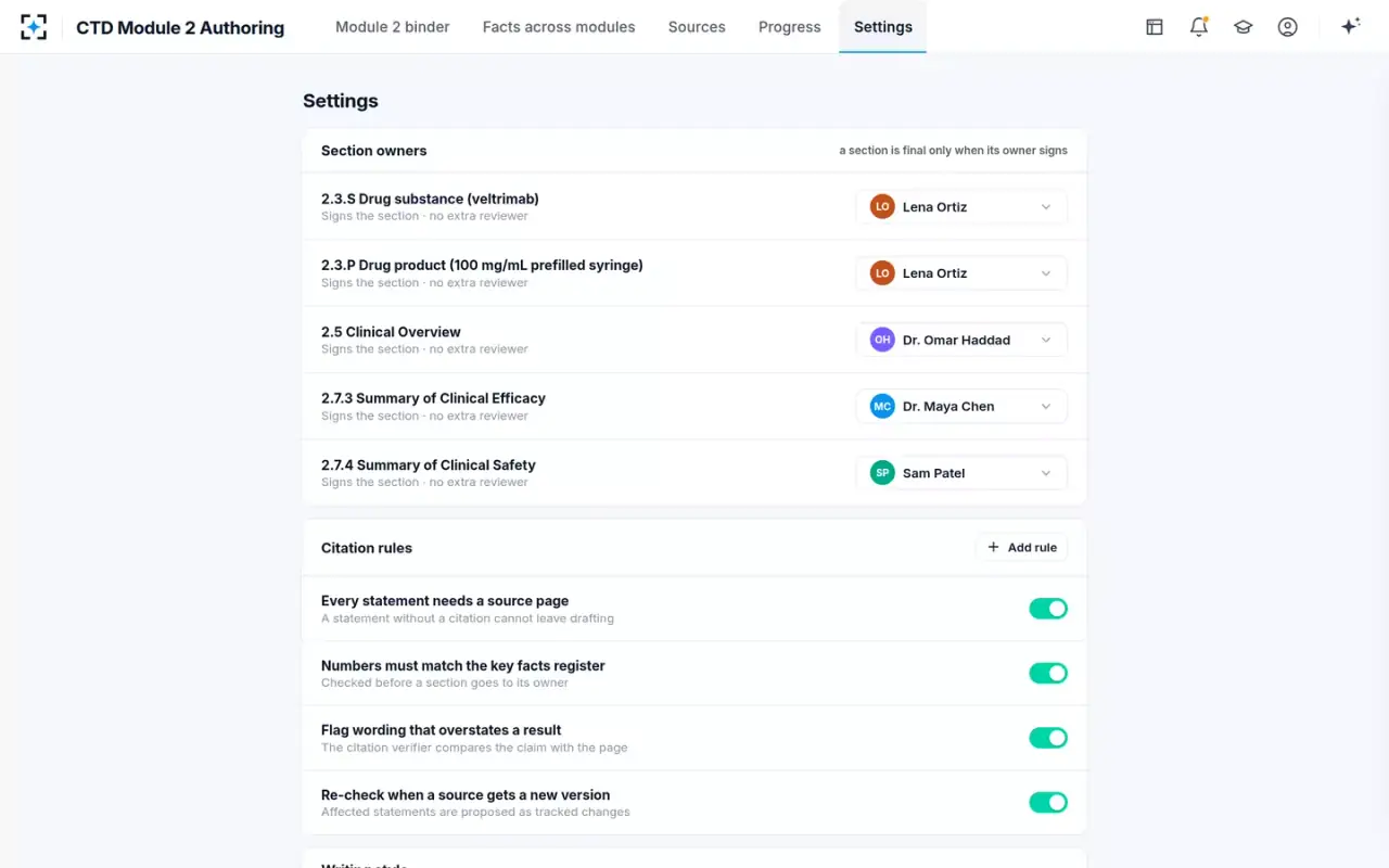 CTD Module 2 Authoring — Settings