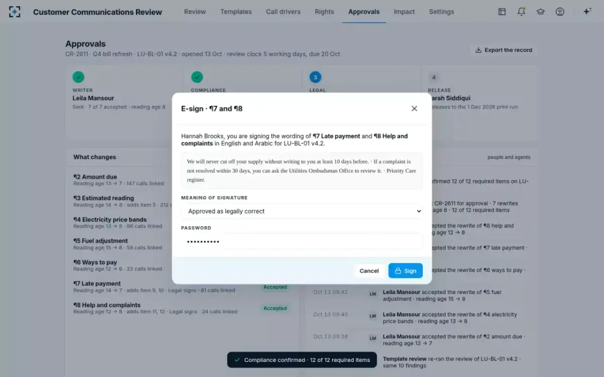 Customer Communications Review — Legal e-signature