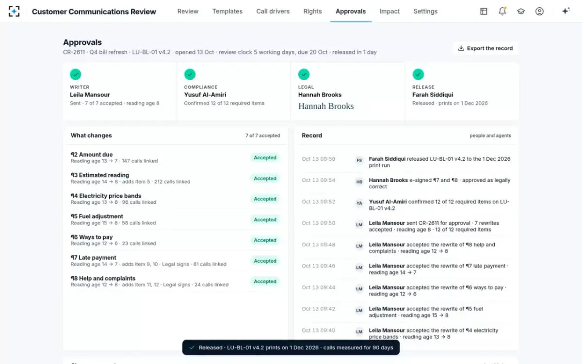 Customer Communications Review — Approved and released
