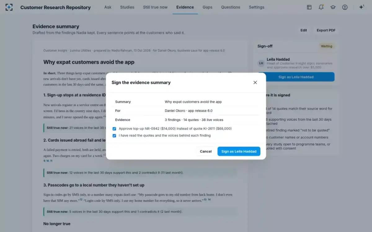 Customer Research Repository — Sign and approve