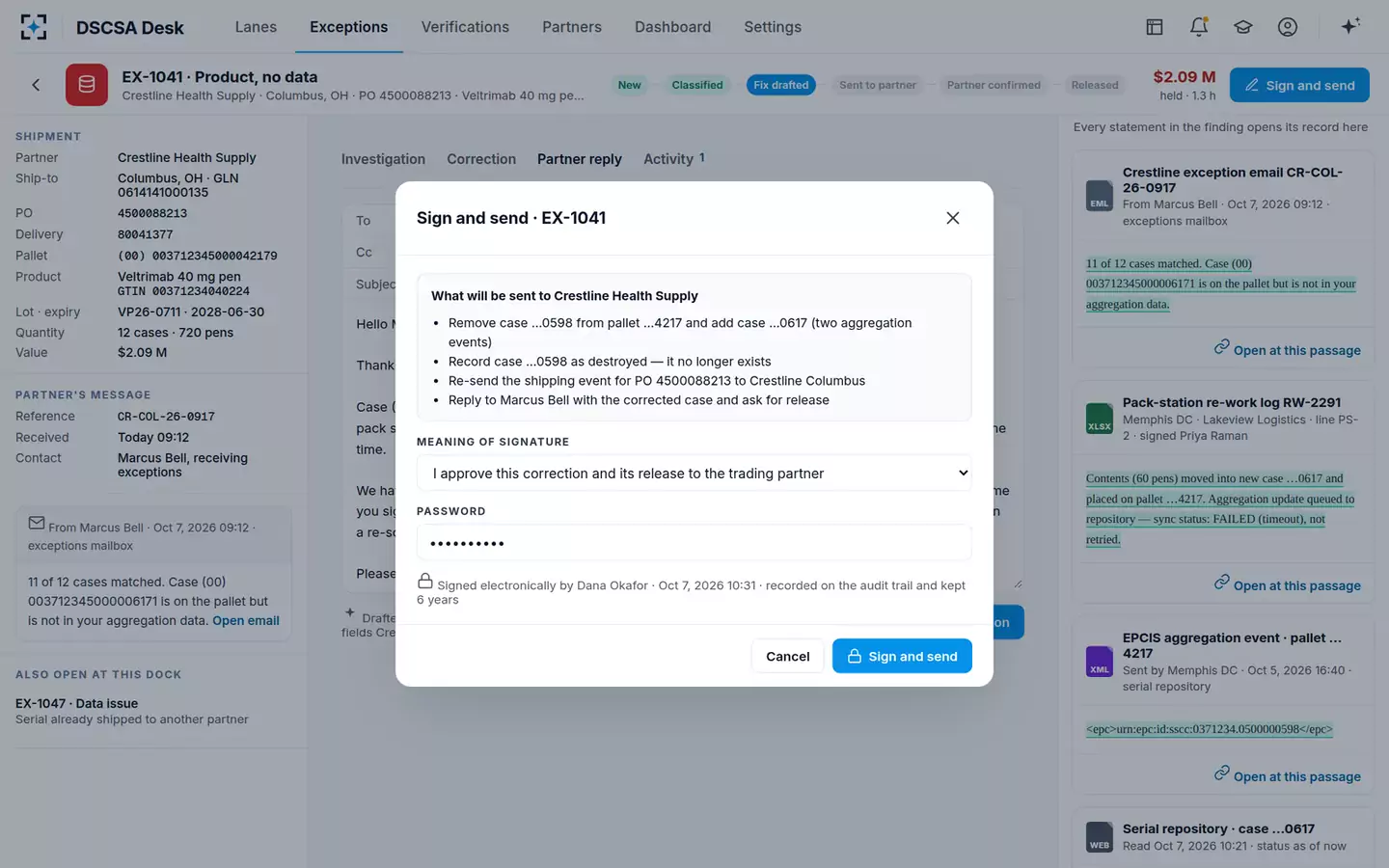 DSCSA Exception and Verification Desk — Sign and send