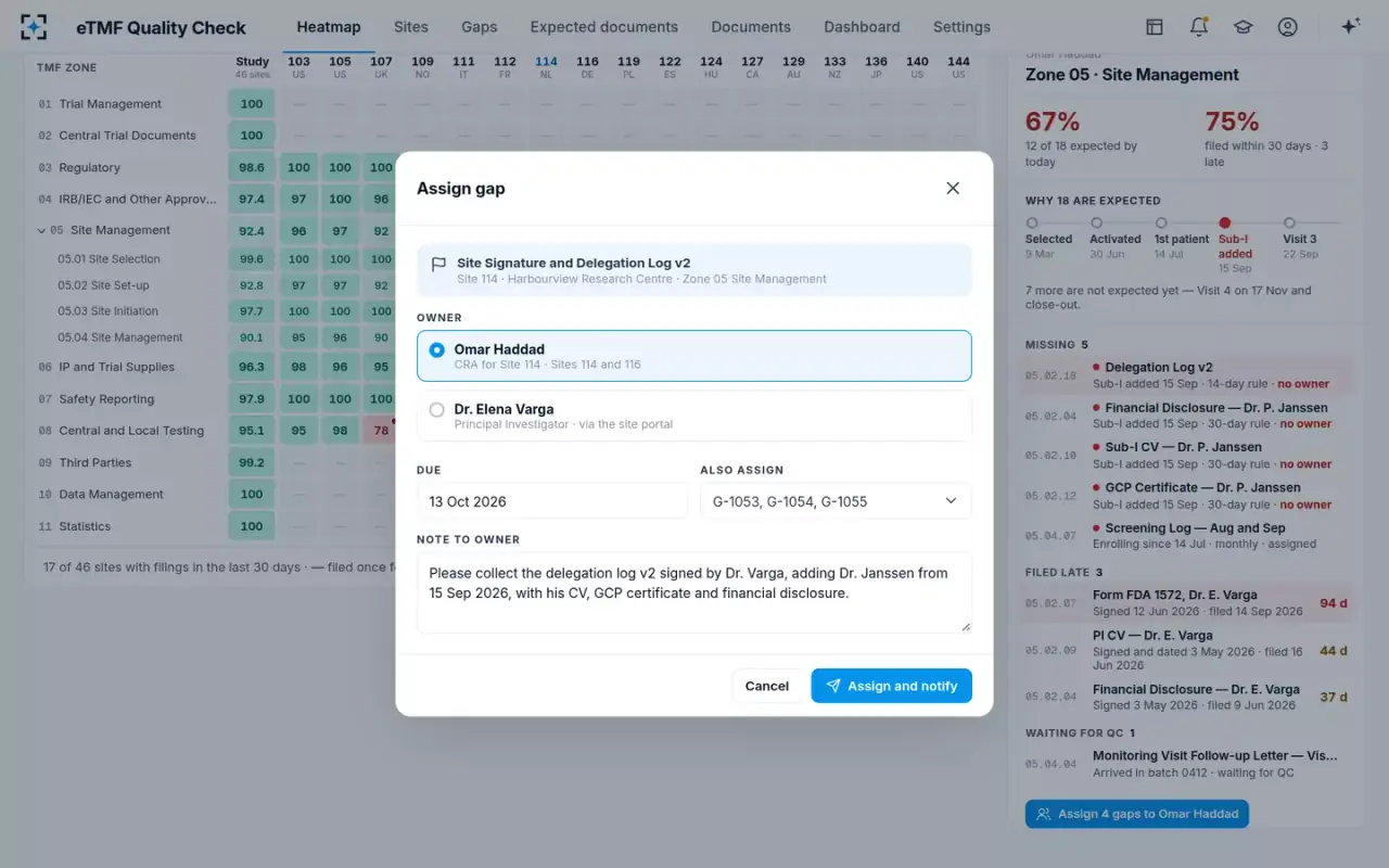 eTMF Quality Check — Assign a gap