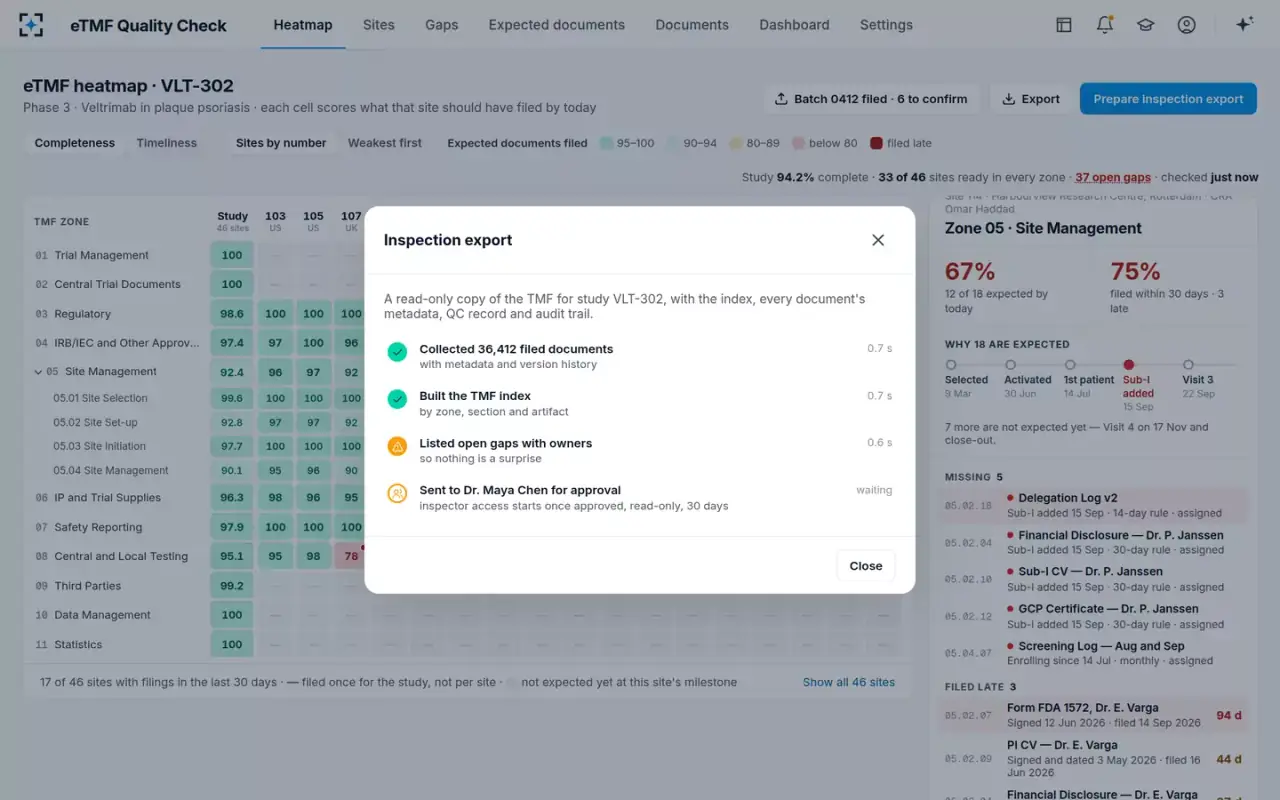 eTMF Quality Check — Inspection export