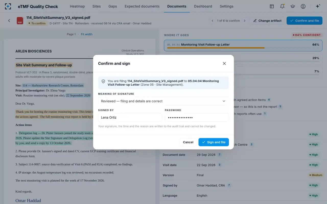 eTMF Quality Check — Confirm and sign