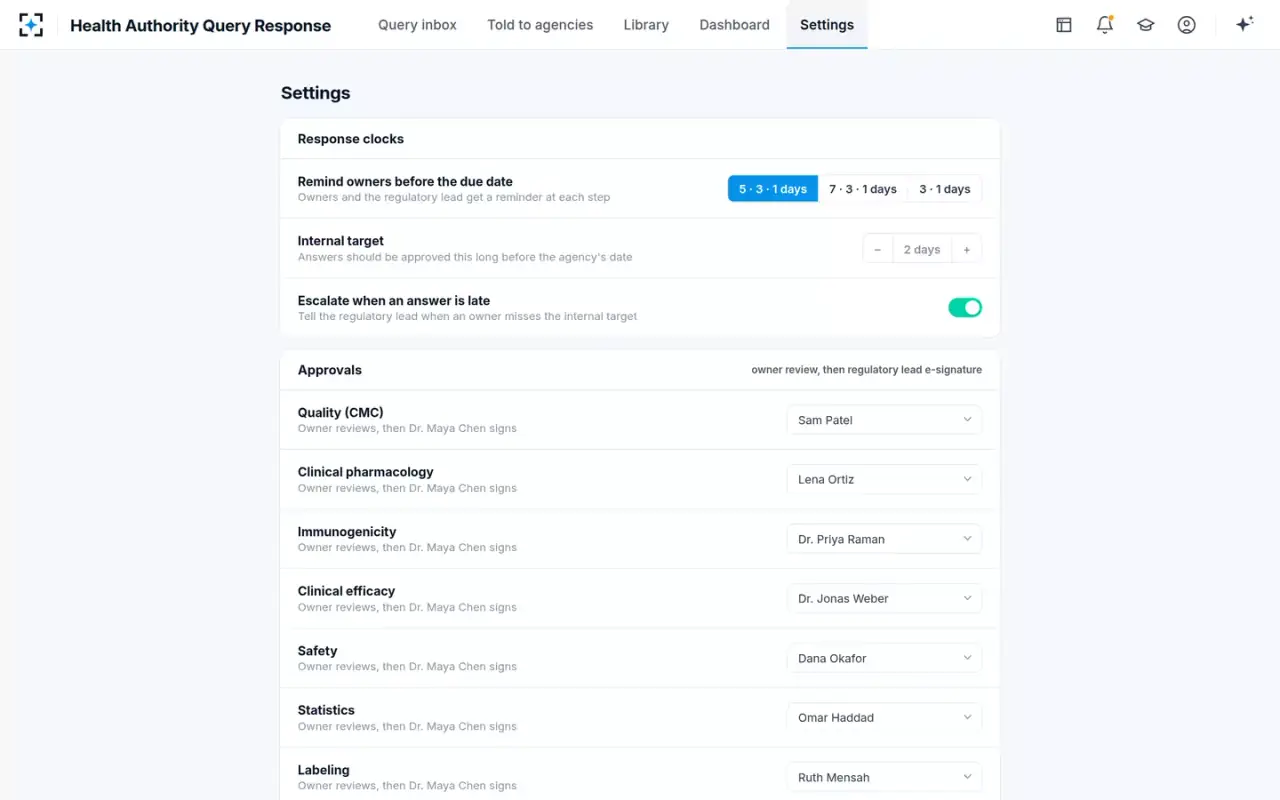 Health Authority Query Response — Settings