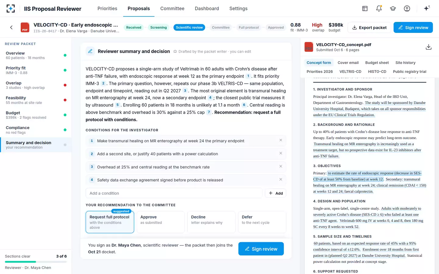 Investigator-Initiated Study Proposal Reviewer — Summary and recommendation