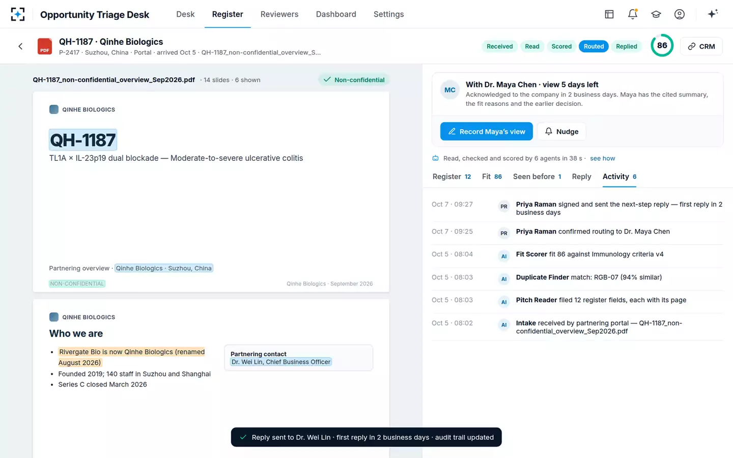 Inbound Opportunity Triage Desk — Signed, routed, on the record