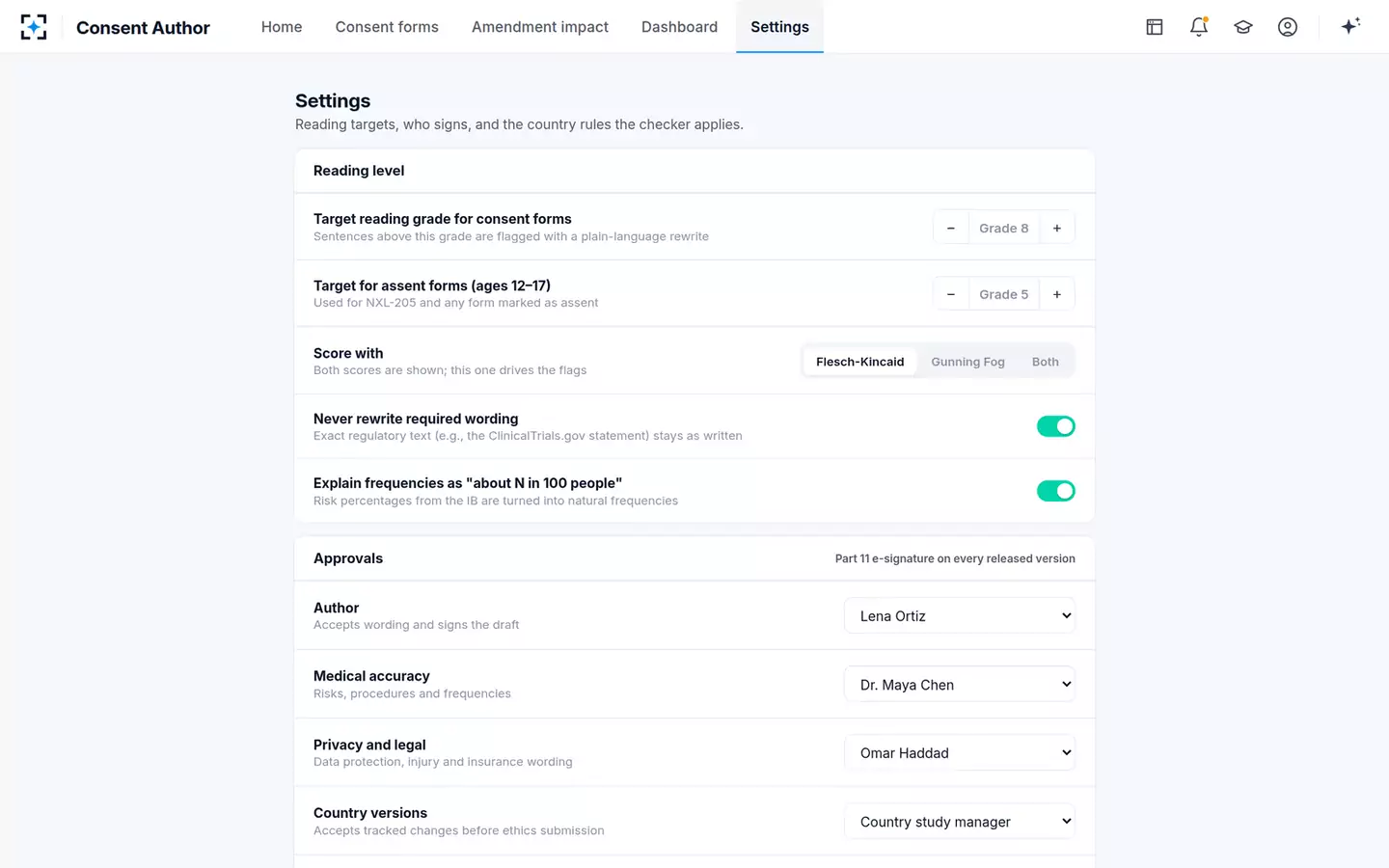 Informed Consent Author & Readability Checker — Your settings