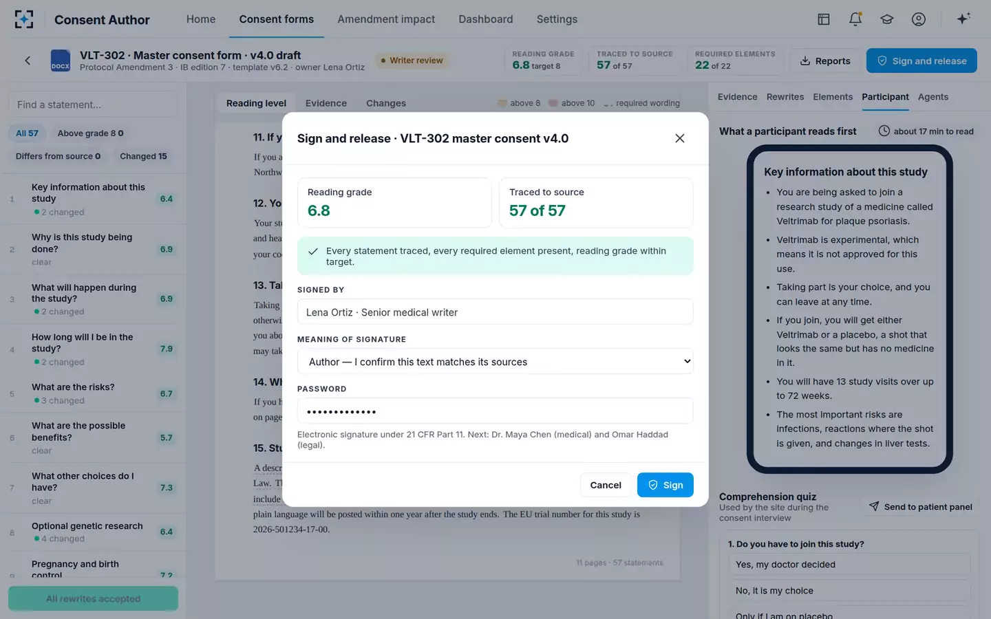 Informed Consent Author & Readability Checker — Sign and release