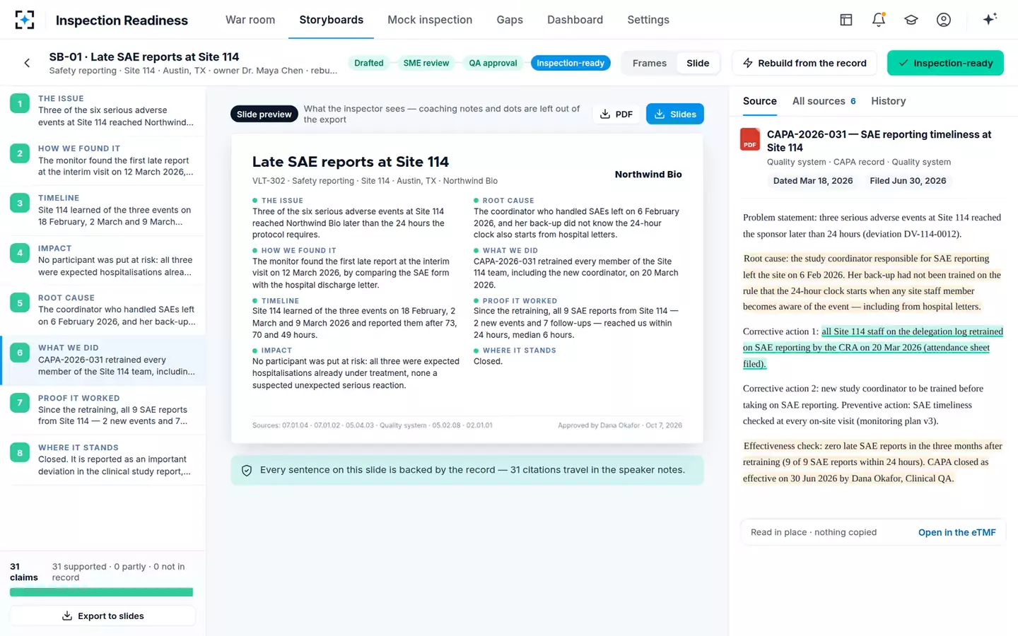 Inspection Readiness Storyboard Builder — The inspector’s slide