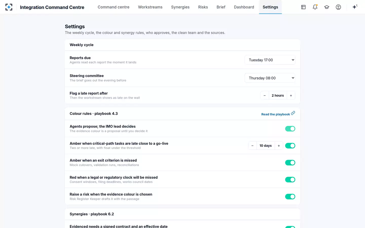 Integration Command Centre — Your playbook as settings
