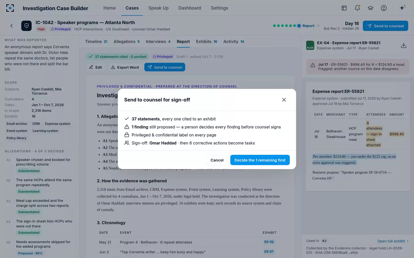 Investigation Case Builder — The check before sign-off